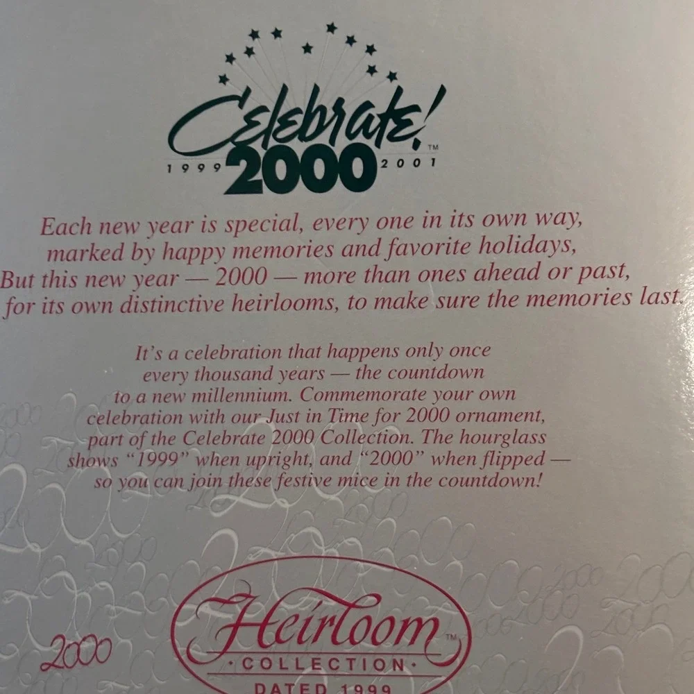 Carlton Cards Heirloom Ornament Just in Time for 2000 Millennium‎ Mice Hourglass